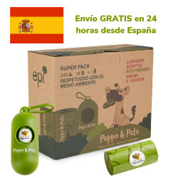 Peppo and Pets- 240 bolsas biodegradables para recoger cacas de perro + 1 dispensador- Aroma a