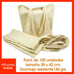 Bolsa tela Algodón Biodegradable Pack 100 pcs Reutilizable Asas largas Resistente Compra Ropa