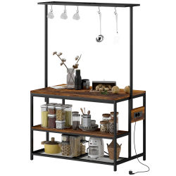 Kökshylla - Med Bänkskiva - USB & Eluttag - 2 Hyllplan - Utan Lådor - 116×70×182 cm - Chokladbrun