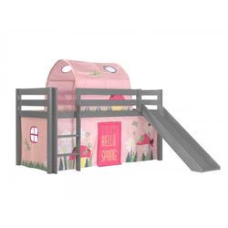 Halvhøj seng med rutsjebane – Pino, grå, forhæng og tunnel Spring