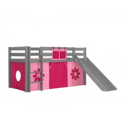 Halvhøj seng med rutsjebane – Pino, grå med pink Flower forhæng