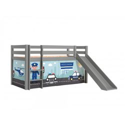 Halvhøj seng med rutsjebane – Pino, grå, med politi-forhæng