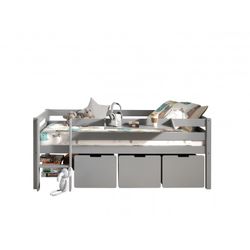 Halvhøj seng til børn – Pino, grå med skuffer og hylde