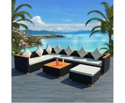 Outdoor Sofa Table Set 22 Piece Black Poly Rattan Wicker WPC Top Pool