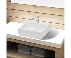 Ceramic Bathroom Sink with Faucet Hole White Square Counter Top Basin