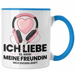 Trendation Tasse Trendation - Gamer Geschenk Freundin Gamer Zocken Zocker Headset Grafik Tasse Geschenkidee Tassen Lustig Gaming blau