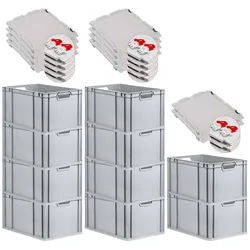 PROREGAL 10x Eurobox NextGen Grip mit Scharnierdeckel & roten Verschlüssen | HxBxT 32x40x60cm | 65 Liter | Griffe offen | Verstärkter Boden