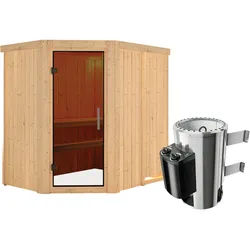Karibu Sauna Saja - 68 mm Systemsauna - 230 Volt Plug & Play-3,6 kW Plug&Play Ofen mit integrierter Steuerung-Ohne Dachkranz-Ganzglastür in Graphit-Optik