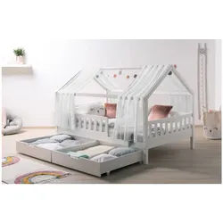 TiCAA TiCAA Kinderbett Hausbett mit Tüll Kim 90x200 cm, 100x200 cm, 120x200 cm, 140x200 cm für Jungen & Mädchen, inkl. Rolllattenrost, Schubkasten und Rausfallschutz variabel, Montessori Bett Weiß aus Kiefer Massivholz