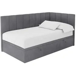 Altdecor Einzelbett Jugendbett mit Bettkasten Links, mit Matratze - Lovy 90x200 Dunkelgrau , Textil , Ottomane links,L-Form , 90x200 cm , Babymöbel & Kindermöbel, Kinderzimmer & Jugendzimmer, Kinderbetten, Kinderbetten & Jugendbetten