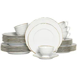 Creatable Kombiservice , Weiß, Goldfarben , Keramik , 30-teilig , 200 ml,200 ml , 28x33x44 cm , handbemalt, lebensmittelecht, stapelbar , Geschirr, Geschirrsets, Kombiservice