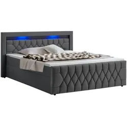 Juskys Boxspringbett Leona Samt 140x200 cm in Grau – mit LEDs, Topper & H4-Federkern-Matratzen