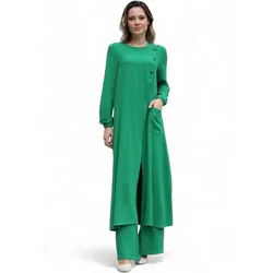 Modavitrini Longtunika Eleganter Damen Zweiteiler mit weiter Hose – Hijab Modest Fashion (Zweiteiliges Set – Longtunika und Hose) dekorative Knöpfe, weites Hosenbein grün 46/48 (2XL-3XL)
