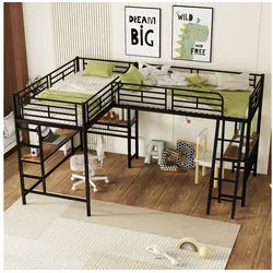 Flieks Hochbett Kinderbett Metallbett 90x200cm mit 2 Liegefläche und Schreibtisch schwarz