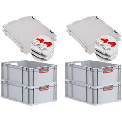 PROREGAL 4x Eurobox NextGen Color mit Scharnierdeckel & Verschlüssen | HxBxT 22x40x60cm | 44 Liter | Griffe rot offen | Verstärkter Boden