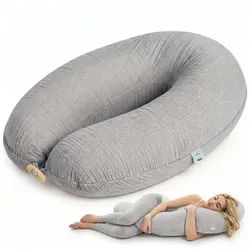 SEI Design Stillkissen Kapok-Füllung XXL 190x35 cm, Musselinbezug Bio-Baumwolle, ergonomisch, Schwangerschaftskissen mit Bezug, Seitenschläferkissen mit Kapok-Füllung, 100% Naturkissen, Musselin-Bezug aus Bio-Baumwolle grau