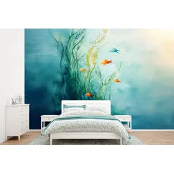 MuchoWow Fototapete Wasserpflanzen - Fische - Farbenfroh - Wasser, Matt, bedruckt, Vinyl Tapete für Wohnzimmer oder Schlafzimmer, Wandtapete, 360x240 cm 3.6 m x 2 m