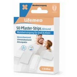 Lifemed® Allround 4 Größen Pflaster-Strips, halbtransparent, Wasserfeste und schmutzabweisende Wundpflaster für eine optimale Wundversorgung, 1 Packung = 50 Pflaster in 4 verschiedenen Größen