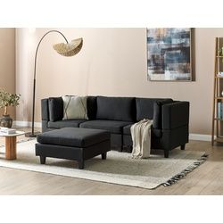 3-Sitzer Sofa Leinenoptik schwarz mit Ottomane UNSTAD