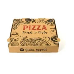 Sobsy Pizzakarton, braun, Stabile Pizzaschachtel aus Wellpappe mit farbigem Aufdruck, 1 Karton = 100 Stück, Maße (L x B x H): 24 x 24 x 4 cm