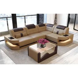 Sofa Dreams Ecksofa Ledersofa Como L Form Mini, Designersofa, Sofa mit Beleuchtung beige|braun