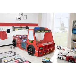 Autobett Kinder 90x200 cm Feuerwehrbett "Rio Firetruck" mit LED-Licht und Sirenenoptik