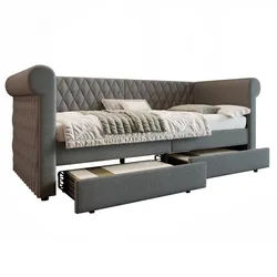 Okwish Bett Vintage Kopfteil mit 2 Schubladen Grau Leinen 90/200 cm , Textil , 90x200 cm , Schlafzimmer, Betten