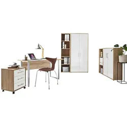 Mid.you Büro , Sonoma Eiche, Weiß Hochglanz , Metall, Holzwerkstoff , 6,6 Fächer , 3 Schubladen , Made in Germany , erweiterbar, in verschiedenen Holz-Dekoren erhältlich, abschließbar , Büromöbel, Büromöbel-Sets & Büromöbel-Serien, Büromöbel-Sets & Büromöbel-Serien