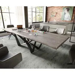 Esstisch Edge 300x100 XL Akazie Platin Spider Flachstahl Schwarz Live-Edge