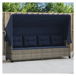 vidaXL Gartenliege, Sonnenliege mit Dach und Kissen Grau Poly Rattan