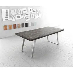 Esstisch Edge 200x100cm XL Akazie Platin Edelstahl Silber schräg Live-Edge