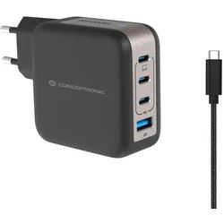 Conceptronic 4-Port 100W GaN USB-PD-Ladegerät mit USB-C-Ladekabel, USB-C x 3, USB-A x 1, QC 3.0, PPS