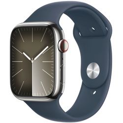 AppleWatch S9 Edelstahl Cellular 45mm Silber - Sportarmband sturmblau M/L