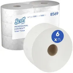 SCOTT® ControlTM Toilettenpapier, 2-lagig, Weiße Toilettenpapierrollen mit Perforation aus 100% recycelten Fasern, 1 Karton = 6 Rollen à 1280 Blatt