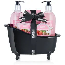 BRUBAKER Hautreinigungs-Set Bade- und Dusch Set mit Erdbeere & Kokos Duft, Badeset Wellness, 9-tlg., Beauty Set Geschenkset mit Deko Badewanne Schwarz, Pflegeset rosa|schwarz