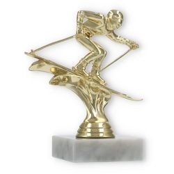Pokal Kunststofffigur Ski Abfahrt gold auf weißem Marmorsockel 13,6cm