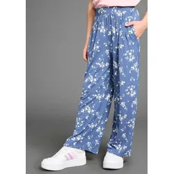 Schlupfhose KIDSWORLD "Viskose-Hose im Blumenmuster", Mädchen, Gr. 164/170, N-Gr, blau, Jersey, Obermaterial: 95% Viskose, 5% Elasthan, lässig geschnitten lang, Hosen Schlupfhose, Trendige Hose mit Blumenmuster
