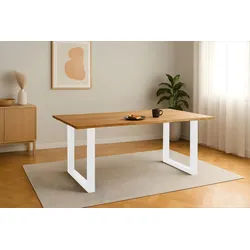 SAM® Esstisch Catu, massives Eichenholz, Baumkante, Metallgestell U-Form beige 280 cm x 77 cm x 100 cm