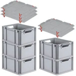 PROREGAL SparSet 5x Eurobox NextGen Grip mit Auflagedeckel & 4 roten Verschlüssen, HxBxT 22x30x40cm, 20L, Grau, Griffe offen, Eurobehälter