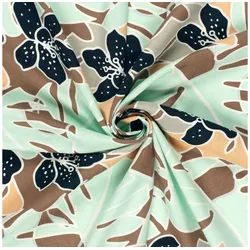 SCHÖNER LEBEN. Stoff Viskosestoff Meterware mit 30% Leinen Blumen Blätter mint 134cm, atmungsaktiv braun