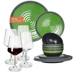 Moritz Geschirr-Set Camping Geschirr Stone Green + Milano Rotweingläsern
