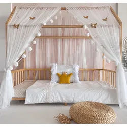 Baby Fancyroom Betthimmel Betthimmel Tüll Hausbett Kinderbett 2 Stück 340cm 380cm Montessori (3-tlg. Set mit 2x Betthimmel und einer 20er Pomponkette, Baldachin, Kinder Betthimmel Baldachin Himmel Deko Set), Betthimmel für Hausbett Montessori weiß 340 cm