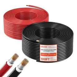 VEVOR Solarkabel Verlängerung, 30,5 m Schwarz & 30,5 m Rot, 10 AWG Solarverlängerungskabel, Verzinntes Kupferkabel für Netzunabhängige Photovoltaiksysteme an Haus, Fahrzeug, RV, Boot, IP67