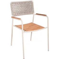 Gardenson Stapelstuhl , Braun, Weiß , Holz, Metall , Teakholz , Hartholz , rund , 57x84x55 cm , stapelbar, gastro- und objekttauglich, wetterfest, UV-beständig, inklusive Armlehnen, abwischbar, geeignet für Balkon , Holzmöbel, Sitzgelegenheiten Holz, Gartensessel Holz