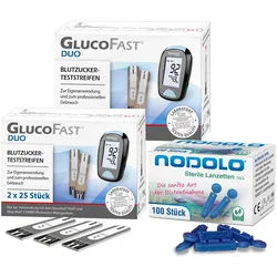 Glucofast Duo 2 x Blutzucker-Teststreifen und Nodolo Lanzetten im Kombiset Teststreifen 1 St
