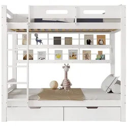 REDOM Kinderbett mit Stauraum & Sicherheitsgitter, 90x200 cm, Regal & Rollschubladen (Etagenbett, Holzbett, Ideal für Kinderzimmer & Jugendzimmer), ohne Matratze weiß