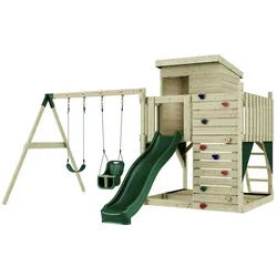 OutdoorToys Spielturm Björn, aus Holz in Dunkelgrün mit Babyschaukel & Rutsche, Kletterwand grün