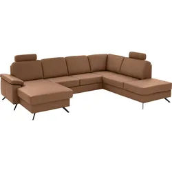 Wohnlandschaft DIE PLANBAR "PN-EM15047 U-Form, mit Kopfstützen", braun (parkett), B:309cm H:104cm T:235cm, Sofas, Wohnlandschaft, Echtleder, wahlweise mit Bettfunktion u. Stauraum