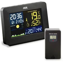 ADE Wetterstation Funk mit Außensensor, mit Vorhersage Funkwetterstation (mit Außensensor, mit animierter Wettervorhersage, Innen- und Außenhygrometer) schwarz