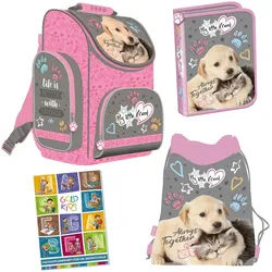 GOLDKIDS Schulranzen für Jungen und Mädchen, 4er-Set (Schul-Rucksack für Kinder mit Federmäppchen, 1-tlg., - Schuhbeutel und Hausaufgabenheft), - Hund Motiv- 1-3 Klasse